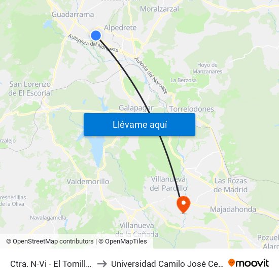 Ctra. N-Vi - El Tomillar to Universidad Camilo José Cela map