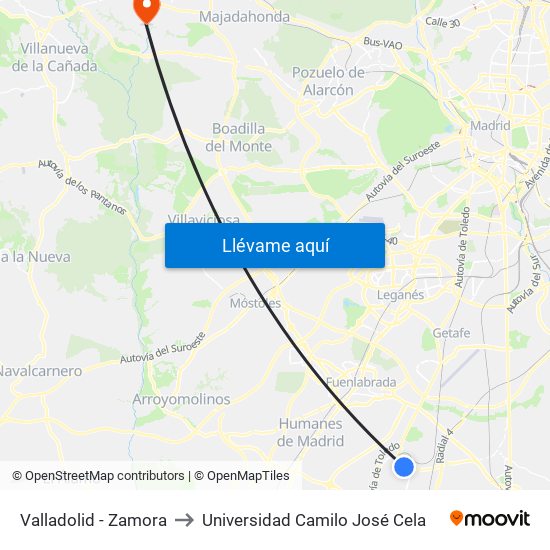 Valladolid - Zamora to Universidad Camilo José Cela map