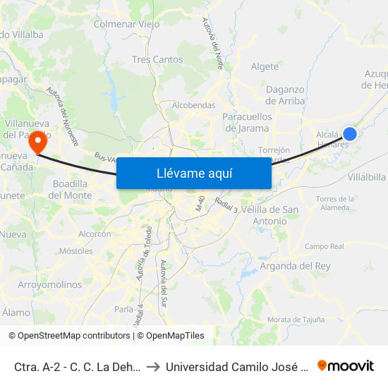 Ctra. A-2 - C. C. La Dehesa to Universidad Camilo José Cela map