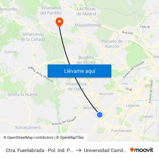 Ctra. Fuenlabrada - Pol. Ind. Prado Regordoño to Universidad Camilo José Cela map