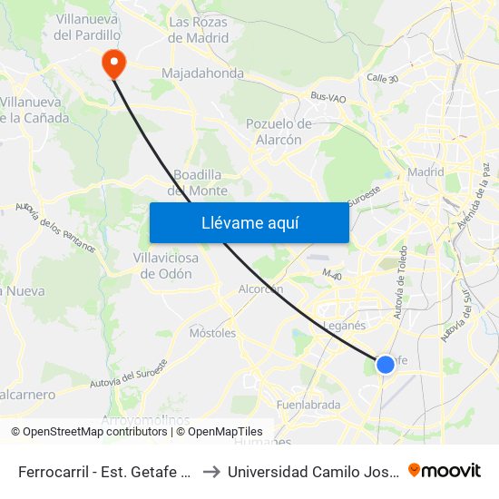 Ferrocarril - Est. Getafe Centro to Universidad Camilo José Cela map