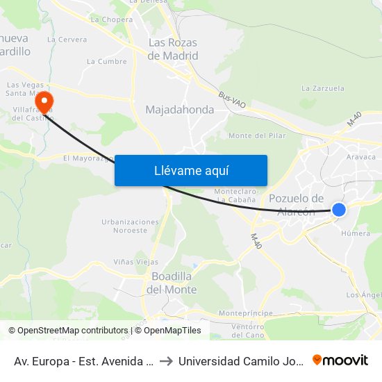 Av. Europa - Est. Avenida Europa to Universidad Camilo José Cela map