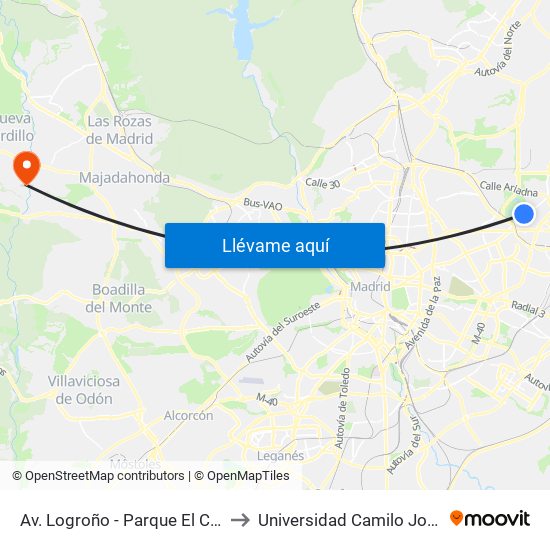 Av. Logroño - Parque El Capricho to Universidad Camilo José Cela map