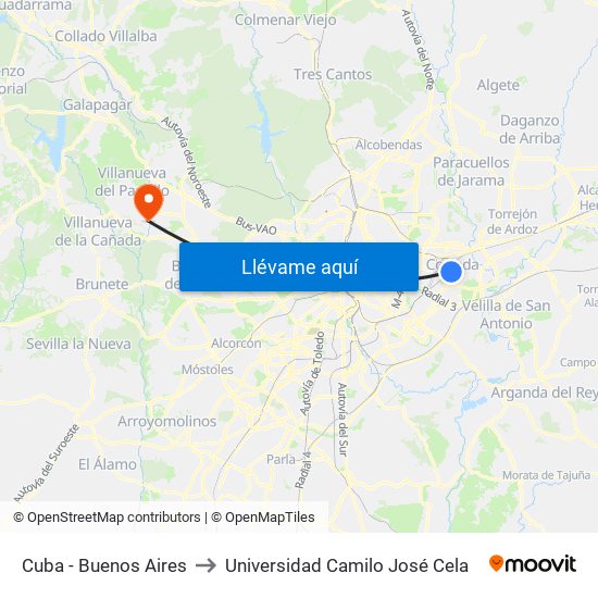 Cuba - Buenos Aires to Universidad Camilo José Cela map