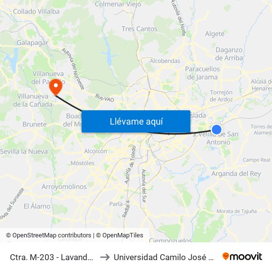 Ctra. M-203 - Lavandería to Universidad Camilo José Cela map