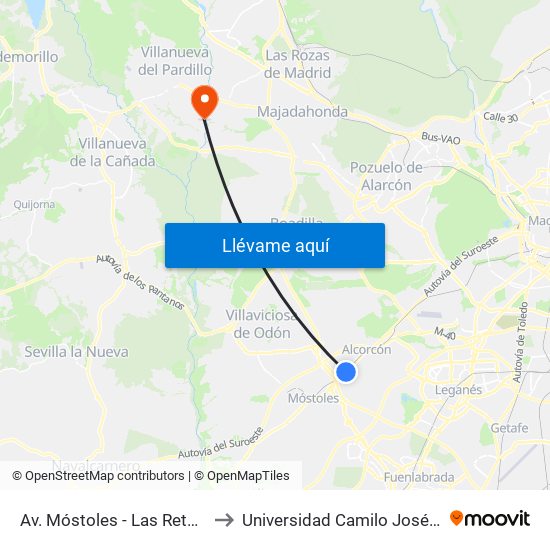 Av. Móstoles - Las Retamas to Universidad Camilo José Cela map
