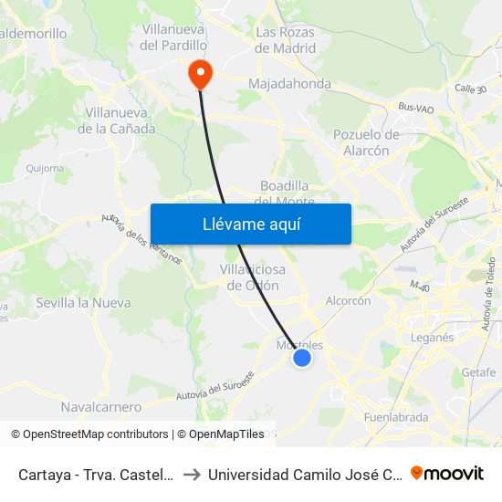 Cartaya - Trva. Castellón to Universidad Camilo José Cela map