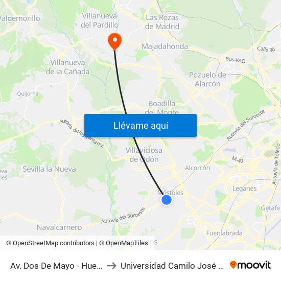 Av. Dos De Mayo - Huesca to Universidad Camilo José Cela map
