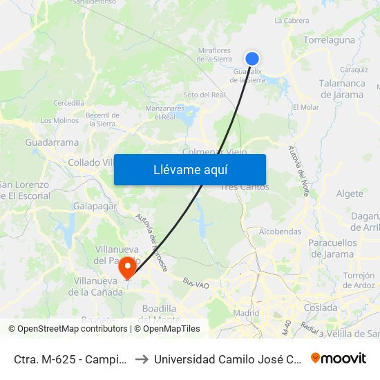 Ctra. M-625 - Camping to Universidad Camilo José Cela map
