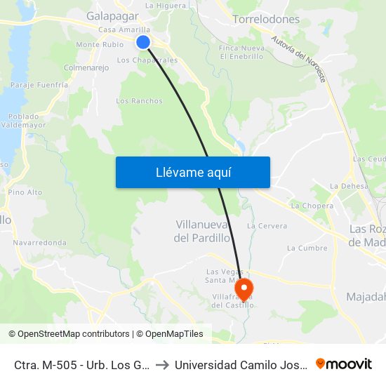 Ctra. M-505 - Urb. Los Gamos to Universidad Camilo José Cela map