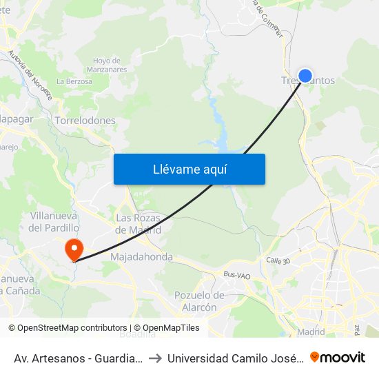 Av. Artesanos - Guardia Civil to Universidad Camilo José Cela map
