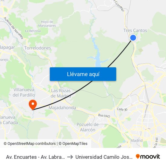 Av. Encuartes - Av. Labradores to Universidad Camilo José Cela map