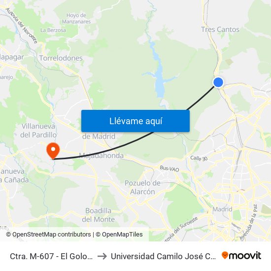 Ctra. M-607 - El Goloso to Universidad Camilo José Cela map