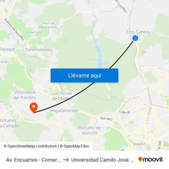 Av. Encuartes - Comercio to Universidad Camilo José Cela map