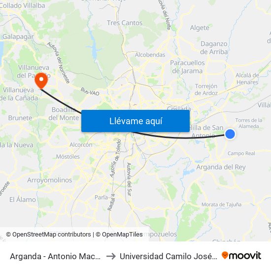 Arganda - Antonio Machado to Universidad Camilo José Cela map