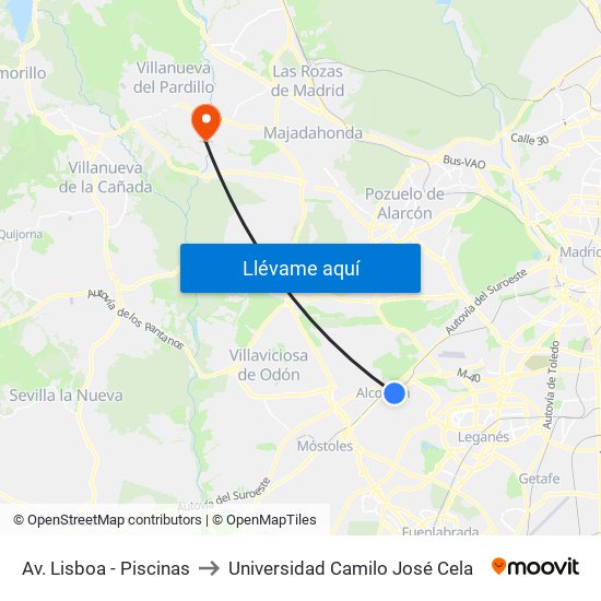 Av. Lisboa - Piscinas to Universidad Camilo José Cela map