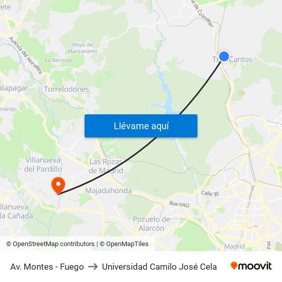 Av. Montes - Fuego to Universidad Camilo José Cela map