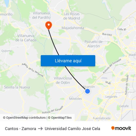 Cantos - Zamora to Universidad Camilo José Cela map