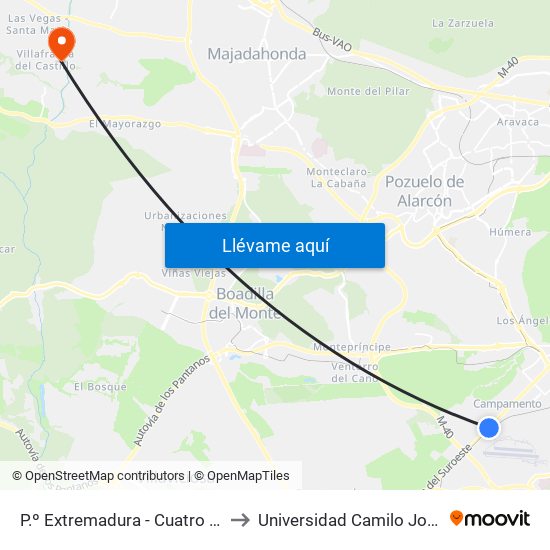 P.º Extremadura - Cuatro Vientos to Universidad Camilo José Cela map