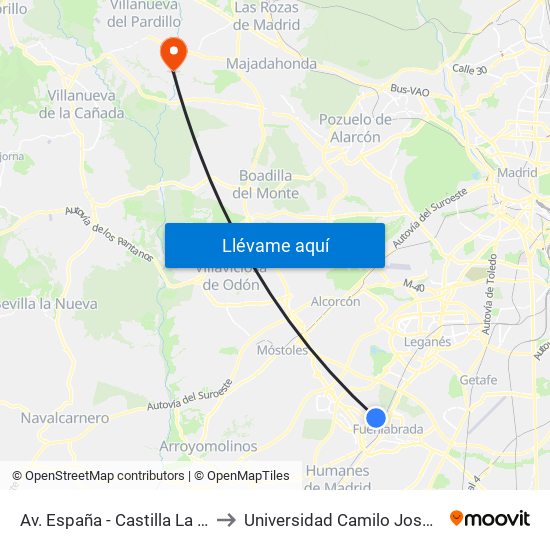 Av. España - Castilla La Vieja to Universidad Camilo José Cela map