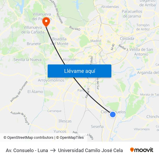 Av. Consuelo - Luna to Universidad Camilo José Cela map