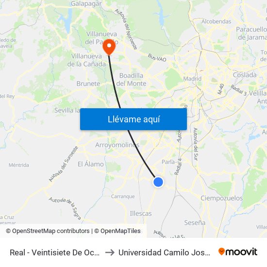 Real - Veintisiete De Octubre to Universidad Camilo José Cela map