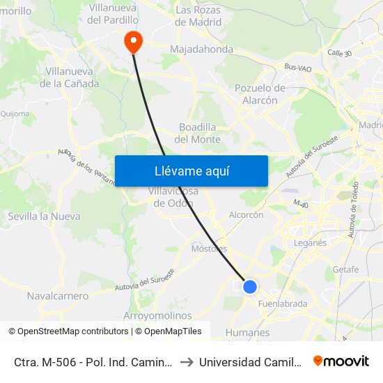 Ctra. M-506 - Pol. Ind. Camino De La Carrera to Universidad Camilo José Cela map