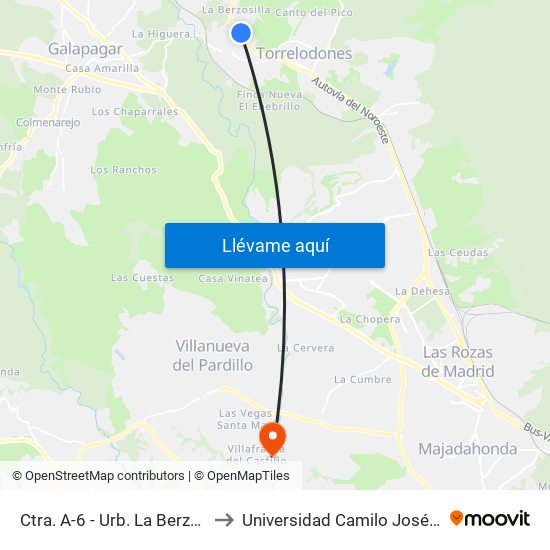 Ctra. A-6 - Urb. La Berzosilla to Universidad Camilo José Cela map