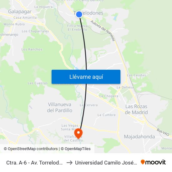 Ctra. A-6 - Av. Torrelodones to Universidad Camilo José Cela map