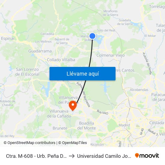 Ctra. M-608 - Urb. Peña Del Gato to Universidad Camilo José Cela map