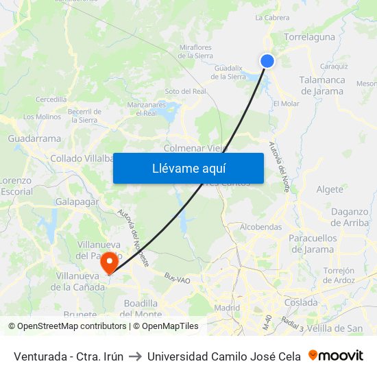 Venturada - Ctra. Irún to Universidad Camilo José Cela map