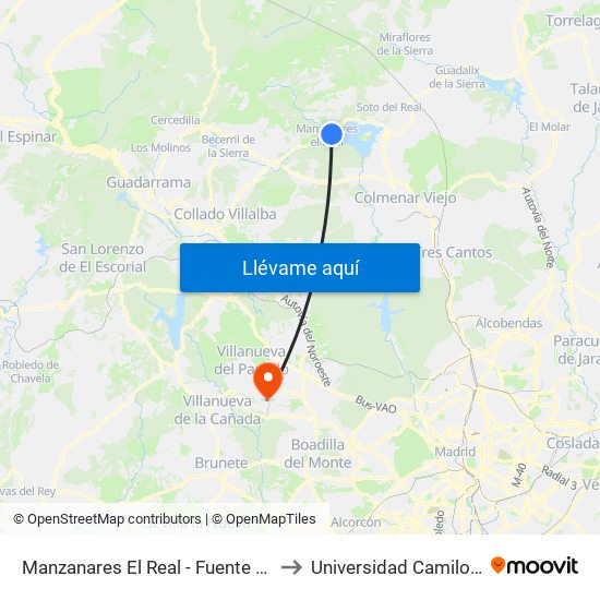 Manzanares El Real - Fuente De Las Ermitas to Universidad Camilo José Cela map