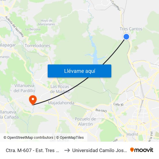 Ctra. M-607 - Est. Tres Cantos to Universidad Camilo José Cela map