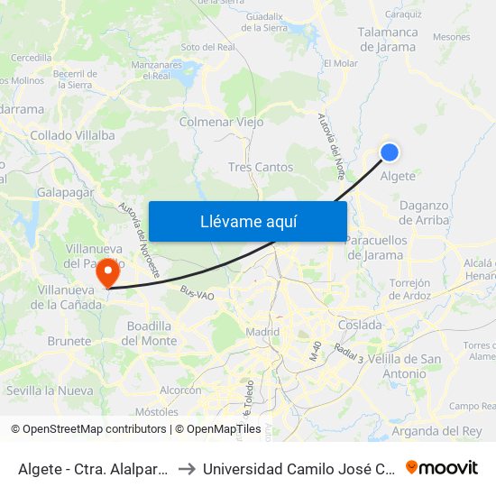 Algete - Ctra. Alalpardo to Universidad Camilo José Cela map