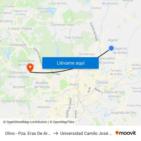 Olivo - Pza. Eras De Arriba to Universidad Camilo José Cela map