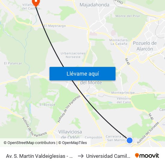 Av. S. Martín Valdeiglesias - C. C. Tres Aguas to Universidad Camilo José Cela map