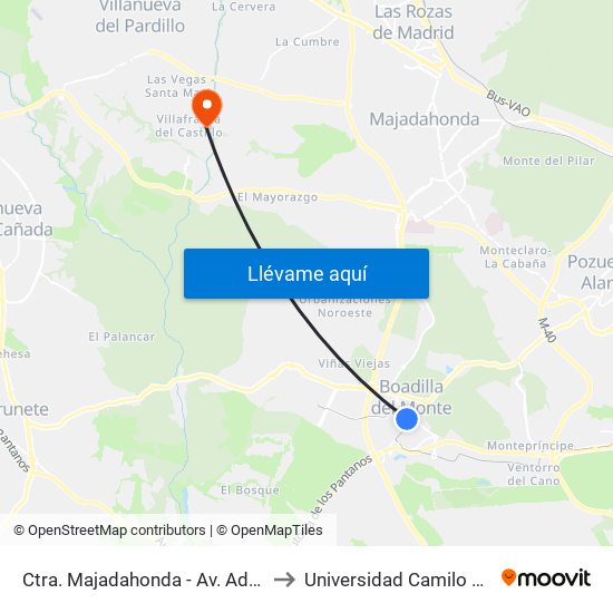 Ctra. Majadahonda - Av. Adolfo Suárez to Universidad Camilo José Cela map