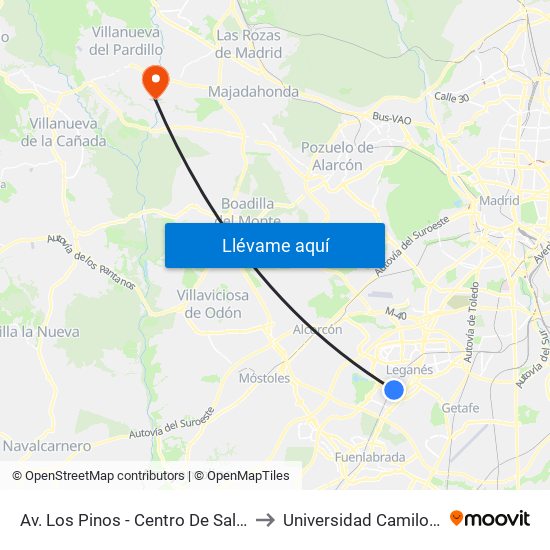 Av. Los Pinos - Centro De Salud Y Gerencia to Universidad Camilo José Cela map