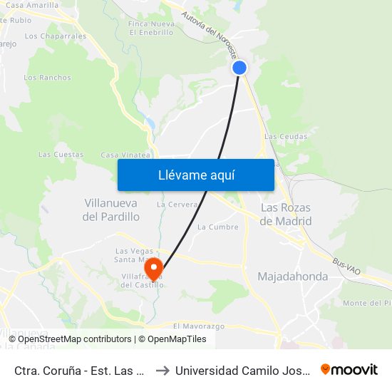 Ctra. Coruña - Est. Las Matas to Universidad Camilo José Cela map