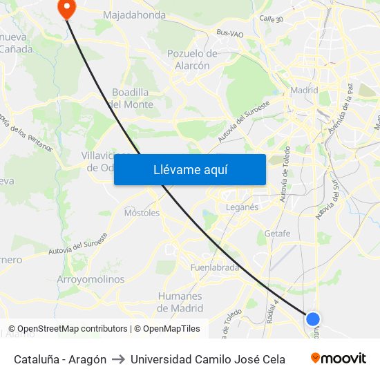 Cataluña - Aragón to Universidad Camilo José Cela map