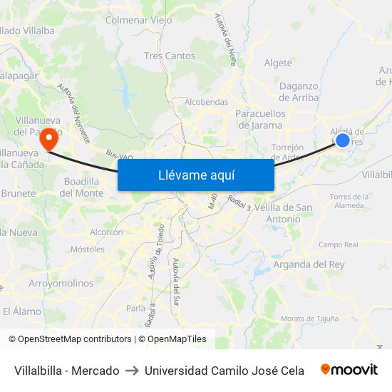 Villalbilla - Mercado to Universidad Camilo José Cela map