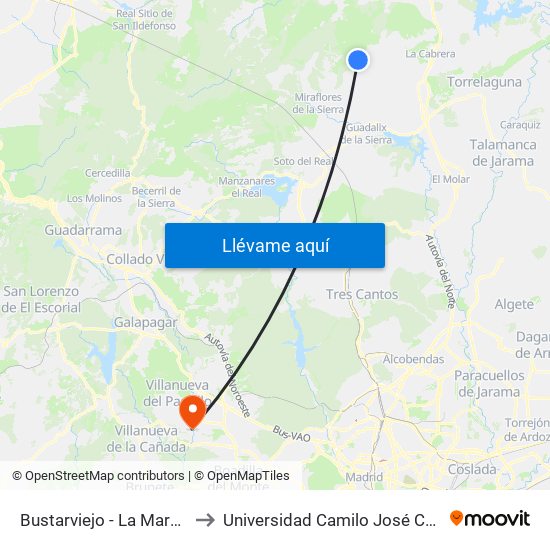 Bustarviejo - La Maruja to Universidad Camilo José Cela map