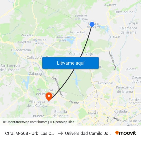 Ctra. M-608 - Urb. Las Cumbres to Universidad Camilo José Cela map