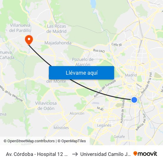 Av. Córdoba - Hospital 12 De Octubre to Universidad Camilo José Cela map