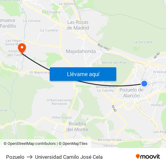 Pozuelo to Universidad Camilo José Cela map