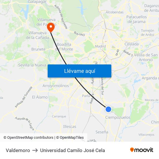 Valdemoro to Universidad Camilo José Cela map