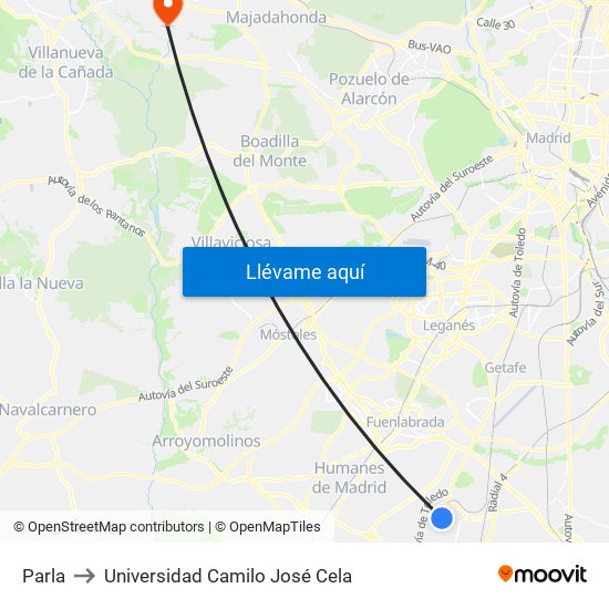 Parla to Universidad Camilo José Cela map