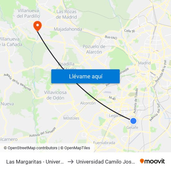Las Margaritas - Universidad to Universidad Camilo José Cela map