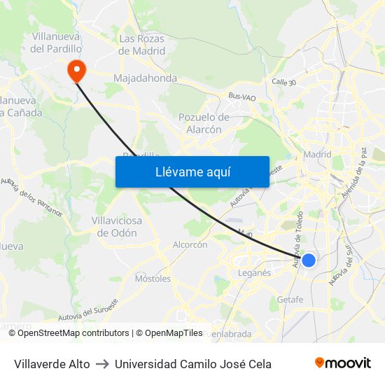 Villaverde Alto to Universidad Camilo José Cela map
