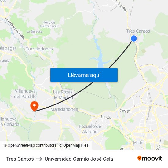 Tres Cantos to Universidad Camilo José Cela map